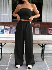 SHEIN EZwear Women's Spring/Summer New Knit Casual Sports Tube Top And Pants Set Black Two Piece Strapless Comfortable - Black - View 4