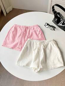 Comfortcana 2 pièces Short décontracté pour femmes avec cordon de serrage à la taille, couleur unie, convient pour les vacances d'été et les déplacements quotidiens - Rose pâle - Voir 4