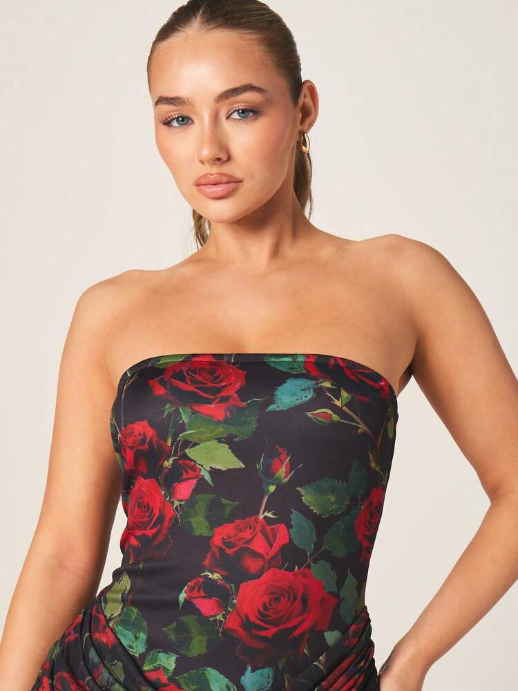 MISSGUIDED Bandeau Strapless Rose Floral Print Ruched Mini Dress For Party Evening Special Occasions