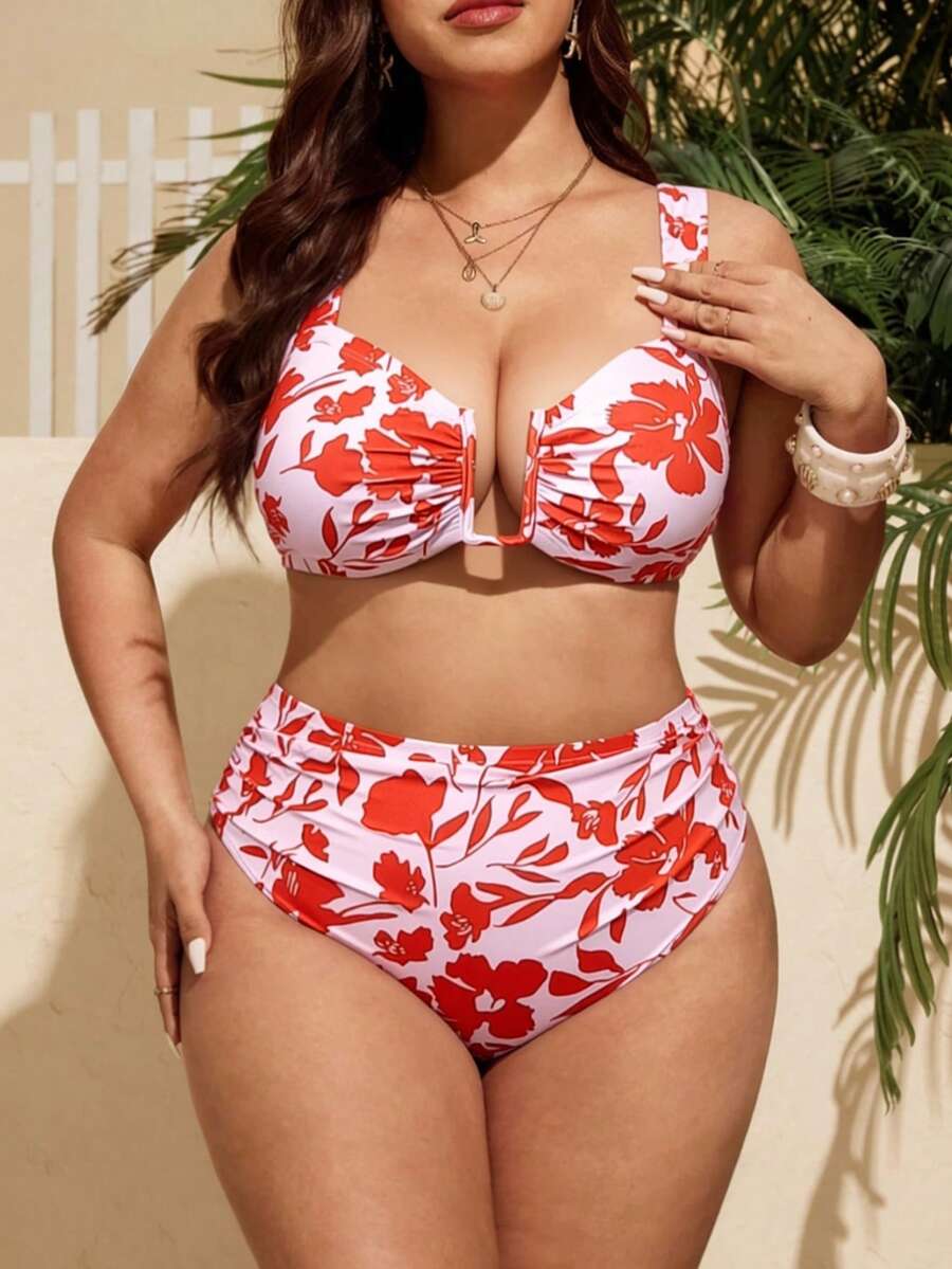 SHEIN Swim 2026新款加大码女式可调节印花比基尼套装,抹胸上衣和高腰褶皱泳裤两件式泳装 - 彩色 - 查看 1