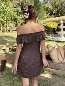 Vivid Eden 女士休闲浪漫度假波点印花露肩连衣裙，春夏款 - 棕色 - 查看 17