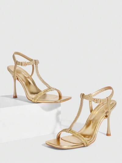 CUCCOO SZL Sapatos de Salto Alto Stiletto de Bico Quadrado para Mulheres, Corrente de Strass Sexy e Moda, Cinta no Tornozelo, Adequado para Vestido, Festa, Balada