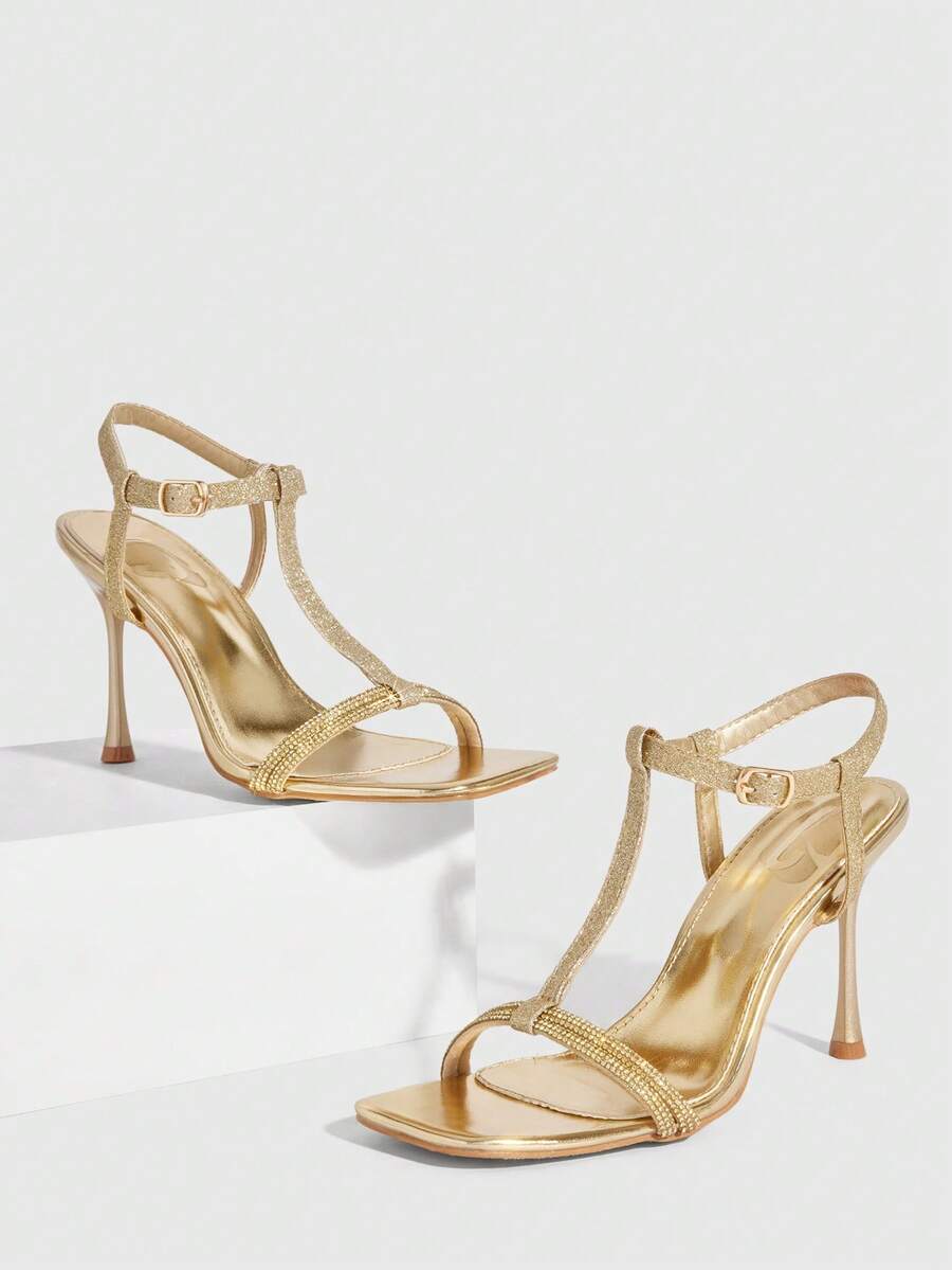 CUCCOO SZL Women's Square Toe Stiletto High Heel Shoes, Sexy Fashion Rhinestone Chain Ankle Strap, Suitable For Dress, Party, Nightclub - Pink - View 1