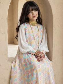 SHEIN 青少年女孩杏色 A 字版圓領長袖拼色喇叭裙 Abaya 女孩馬卡龍色洋裝 - 杏色 - 查看 5