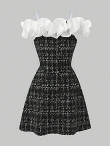 少女优雅荷叶边拼接收腰连衣裙，夏季 - 黑色 - 查看 5