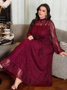 Modelyn Elegant Solid Color Lace Long Sleeve Cinched Waist A-Line Plus Size Dress, Suitable For Spring And Summer Fall - Burgundy - View 3