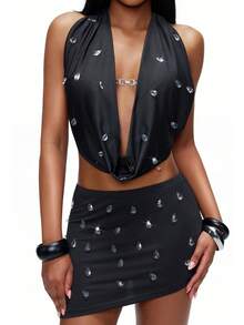 TypaGal Y2K Sexy Summer Black Stylish Chic Bold Modern Women's Fashion Carnival Party Beach Vacation Street Casual  Irregular Hem  Diamond Metal Chain Decoration  Two-Piece Outfits  For Evening And Night Out Black Two Piece Set Women Sexy Vacation Dress Two Piece Skirt Set - Black - View 4