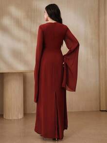 Graceveil Women's Elegant Burgundy Long Sleeve Dress,Autumn Modest Dining Twist Front Pleated Round Neck Fitted Solid Color Maroon Dark Red Dress - Brown - View 6