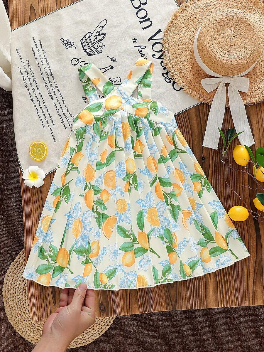 SHEIN Vintaside Kids Đầm không tay kiểu dáng thường ngày cho bé gái, họa tiết trái cây nhiệt đới, trang trí cầu kỳ, mẫu mới xuân/hè. - màu xanh lá - Xem 1