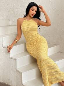 Modelyn Women's Halter Backless Tie-Up Solid Color Textured Slim Fit Dress Yellow Maxi Dress Women Love And Lemonade Dresses - Yellow - View 5
