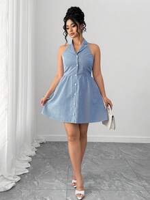 SHEIN PETITE CURVE Plus Size Women Backless Single-Breasted Striped Dress, Korean Sweet & Elegant Style, Suitable For Commuting And Romantic Occasions - Blue - View 3