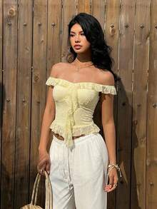 Aloruh Blusa casual ajustada con volantes en el bajo, de unicolor, versátil para citas y salidas - Amarillo claro - Ver 4