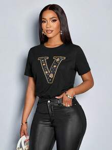 SOLERSUN Women's Simple, Casual, And Comfortable Round Neck Short-Sleeved Top, Featuring A Faux Sequined Color-Blocked Print, Suitable For Everyday Wear. - Black - View 2
