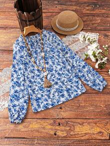 Chiquease Blusa casual con hombros descubiertos y estampado floral diminuto para uso diario - Azul - Ver 4