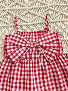 SHEIN LMoss Kids 女宝宝可爱休闲夏季红白格子蝴蝶结装饰连体衣 - 紅色 - 查看 7