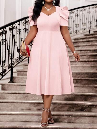 SHEIN Lady Plus Size Spring And Summer Elegant Commuting Office Party Wedding Cocktail Party Concert/Music Festival Pink Knitted Sweetheart Flared Leg-Of-Mutton Sleeve Midi Short Sleeve Plus Size Dresses Birthday&Event Dresses Wedding Dresses Holiday Dresses Summer Outfits For Women Summer Dresses For Women Wedding Guest Dress Women Birthday Outfits For Women Birthday Outfit Women Festival Outfits For Women Concert Outfit Women Cruise Outfits Women Pink Curve Dress Pink Midi Dress Pink Dress Elegant Pink Dress For Women Elegant Dress