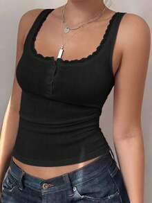 Almamuse Áo tank top nữ màu hồng nhạt thanh lịch, viền ren, dáng ôm, cài 3 nút, thích hợp mặc hàng ngày/đi học/nghỉ hè. Áo đen mùa hè, áo đen ôm dáng, áo corset nữ, áo đen gợi cảm, áo đen dễ thương, áo đen thanh lịch cho nữ, áo hai dây cho nữ, áo nữ mùa hè. - màu đen - Xem 7