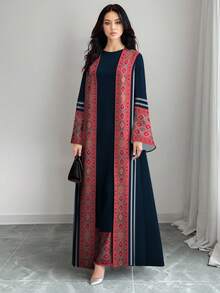 SHEIN Najma 女士复古图案条纹几何印花优雅圆领长款连衣裙配长款开衫，休闲两件套，春夏款 - 彩色 - 查看 3