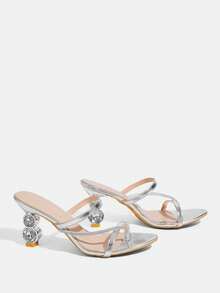 CUCCOO TILAWA Zapatos de mujer clásicos y sencillos, sandalias de tacón alto de moda con combinación de correa, gran rhinestone brillante, sandalias de tacón alto heterosexuales para citas, tardes de té, banquetes, fiestas y uso sexy - Plateado - Ver 8