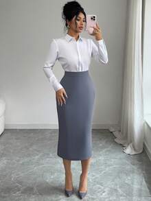 Elenzga Women's Elegant Fitted Pleated Pencil Skirt - Dark Grey - View 6