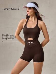 OutZeal Women Sports Black Jumpsuits Gym Workout Wear Summer Sweat Wicking Bra-In Cut-Out Back Knotted Romper - Brown - View 2