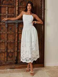 Enchnt Women's White Summer Tropical Garden Party Holiday Vacation Hollow Embroidery Spaghetti Strap Backless Maxi Dress,Elegant Wedding Guest Beach Outfits - White - View 6