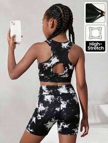 SHEIN Tween Girls Tie Dye Print Hollow Back Cami & Biker Shorts 2-Piece Set, Suitable For Yoga, Sports Day, Back To School - Black - View 3