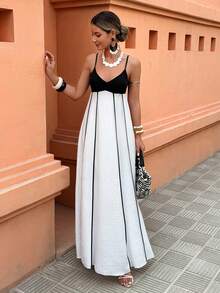 Selianne 大码女式无袖黑白撞色滚边A字休闲度假连衣裙，春夏款 - 黑與白 - 查看 3