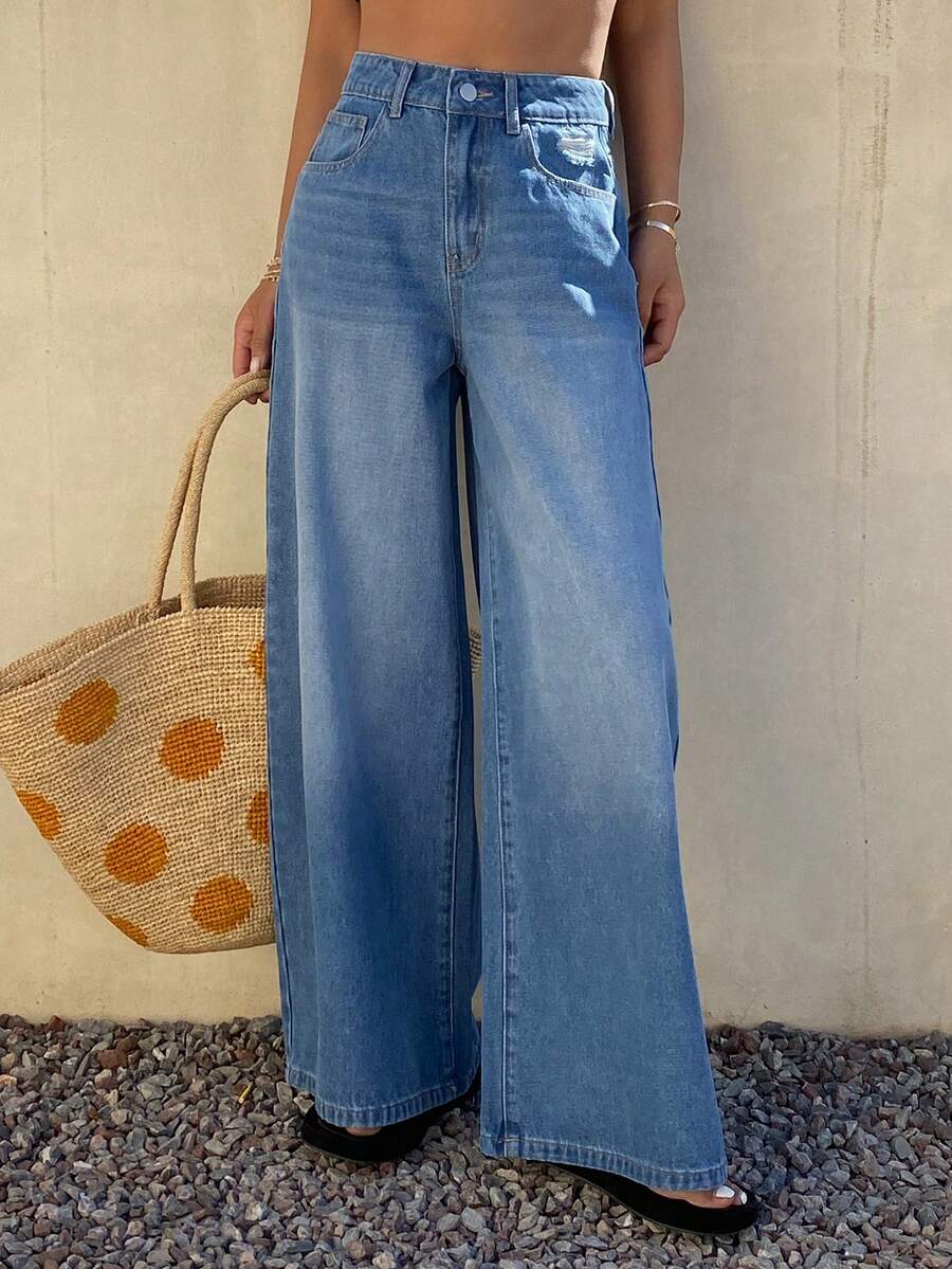 DAZY Women's Regular Mid-Rise Distressed Loose Straight Leg Jeans - Medium Wash - View 1