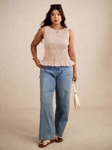 SHEIN Elaquor Camiseta sin mangas con volantes y rayas para mujer talla grande para vacaciones - Amarillo - Ver 7