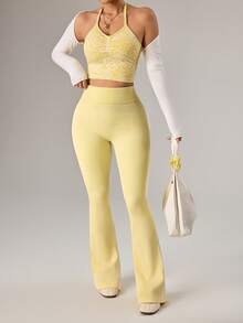 Dewbera Seamless Knit Textured Women Sports Flare Pants - Light Yellow - View 6