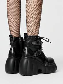 ROMWE Grunge Punk Women's Punk Style Ankle Boots, Round Toe Rivet Buckle Front Lace-Up, Hidden Wedge Heel, Versatile Boots For Short Women, Autumn/Winter 2026 New Arrival Y2K 2000s Style - Black - View 5
