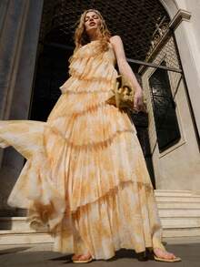 MOTF PREMIUM VESTIDO DE MUJER CON VOLANTES MULTICAPA EN EL BAJO, ESTILO ROMÁNTICO, PRIMAVERA/VERANO - Amarillo - Ver 2