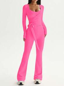 Sovereign Charm 三件套女士运动套装，包括长袖T恤、可调节吊带背心和高腰喇叭裤，适合日常休闲穿着、跑步、瑜伽、健身、网球等各种运动，四季皆宜。 - 玫紅色 - 查看 4