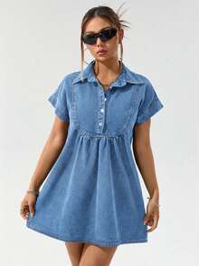 SHEIN PETITE Women's Casual Short Denim Dress ,Petite Women - Light Wash - View 6