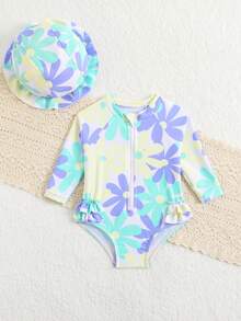 Cute Newborn Baby Swimwear,Long Sleeve Rash Guard Swimsuit With Sun Hat,Macaron Floral Pattern,Zipper Infant Beachwear For Summer,Pool Party,Holiday - Mint Green - View 3