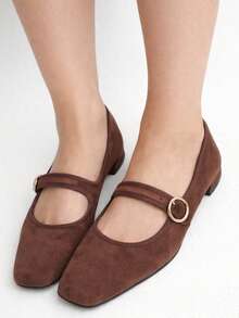 Mary Jane Chaff Ballerina Coffee With Decorative Buckle - Brown - View 5