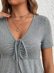SHEIN Kaos Lengan Pendek Kasual Serbaguna untuk Wanita Hamil dengan Desain Lipatan dan Kerutan, Cocok untuk Sehari-hari di Musim Gugur. - Grey - View 5