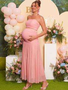 Loomaby Elegantes Umstandskleid Einfarbig mit verstellbarer Taille - Pink - Übersicht 3