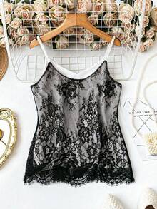 SHEIN LUNE Áo camisole nữ màu trơn, chất liệu ren, dáng regular fit, thanh lịch, thích hợp mặc hàng ngày. - Đen và trắng - Xem 2