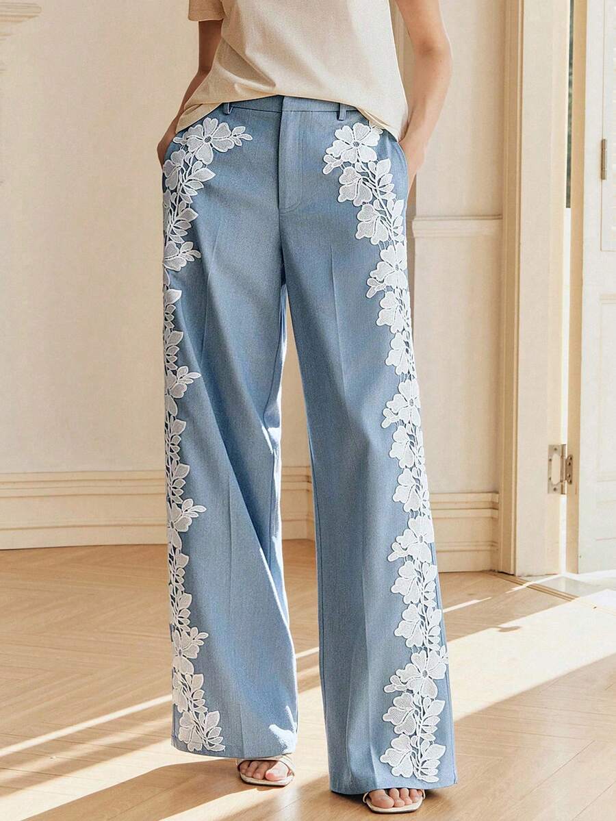 Anewsta Spring New Women's Blue Pants, Fashion Casual Flared Pocket Contrast Side Seam Ruffle Hem Trousers - Blue - View 1
