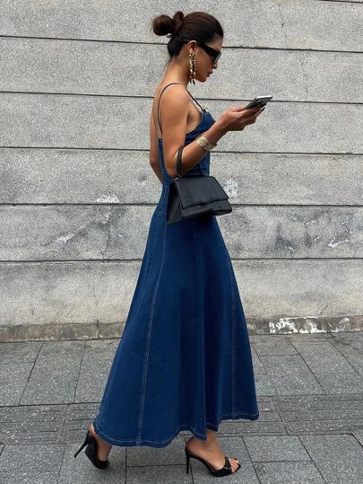 DAZY Solid Color Waist Cinched Long Strap Dress With Metal Buckle Accent, Elegant Resort Wear Denim Dress For Women, Summer