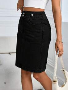 女士休闲日常办公通勤简约纯色高腰修身铅笔牛仔裙 - 黑色 - 查看 5