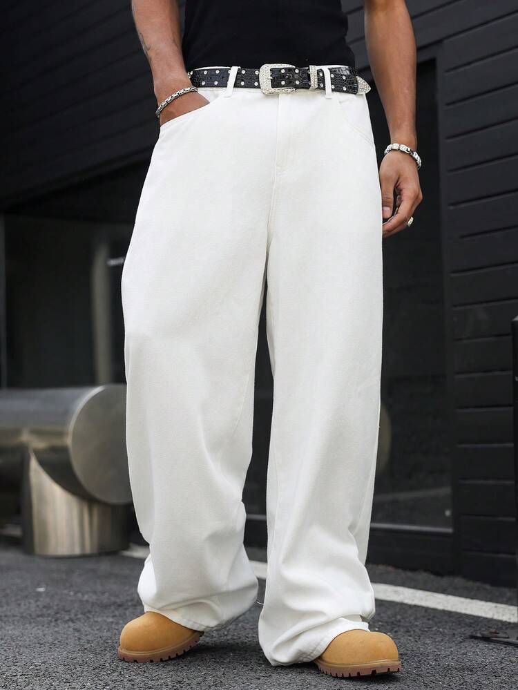 Manfinity Roghcode Men's Casual Fashion American Street Letter & Flame Embroidery White Loose Wide-Leg Jeans, Belt Not Included - White - View 6
