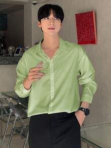 DAZY Men's Solid Color Single-Breasted Casual/Business Shirt, Spring/Autumn - Mint Green - View 3