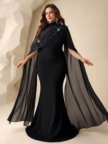 Coutiva Plus Size Elegant Mesh Patchwork Sequin Fishtail Hem Formal Evening Gown, Autumn Black Long Dress With Cape Black Formal Evening Gown Curve Formal Evening Gown Black Long Black Long  Formal Dress Black Long Formal Dress Valentines Dress Elegant Dress Sequin Dress Floral Dress  Graduation Ceremony, School Opening, Music Festival, Birthday Party, Wedding, Afternoon Tea Gathering, Ball - Black - View 6
