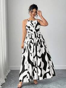 Elenzga 大码女式时尚优雅露背镂空腰部扭结不对称连衣裙，适合度假和约会 - 黑與白 - 查看 3