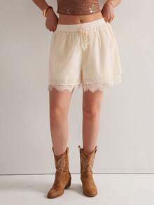 Freevana 波西米亚风白色蕾丝薄纱短裤，高腰抽绳宽松雪纺面料，饰有镂空蕾丝花边，优雅百搭的春夏女士短裤 - 杏色 - 查看 4