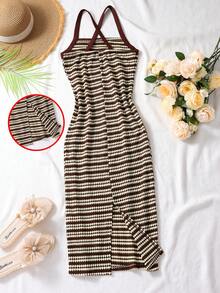 1pc Girls' Fashion Sexy Spaghetti Strap Long Wavy Striped Knit Backless Dress, Casual Summer Wear - Apricot - View 2