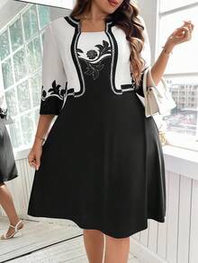 Reflora Plus Size Women Floral Print 3/4 Sleeve 2 In 1 Elegant Dress - Black - View 6